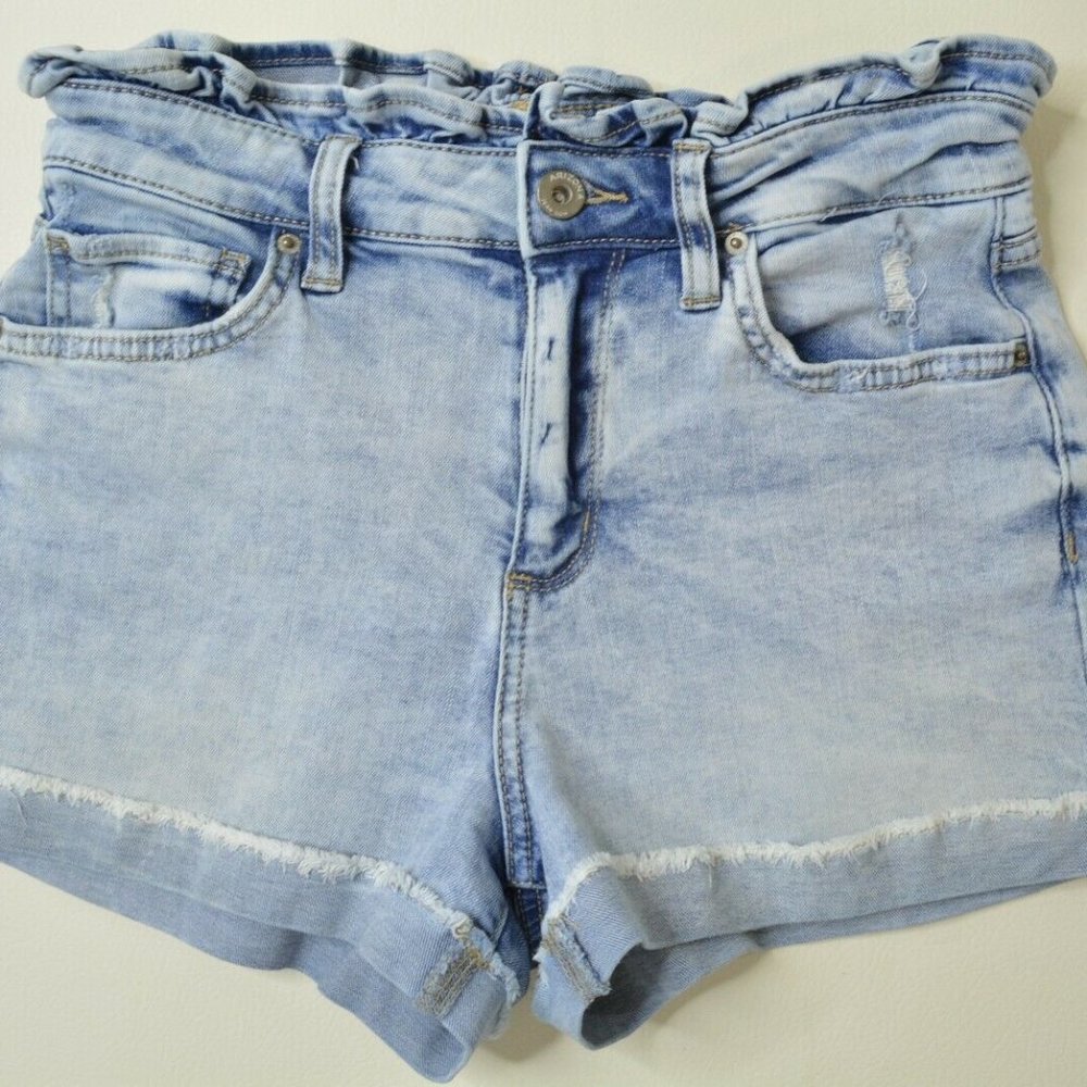 ARIZONA Size 7 Juniors PAPERBAG Stretch ACID Wash DISTRESSED Blue Jean SHORTS